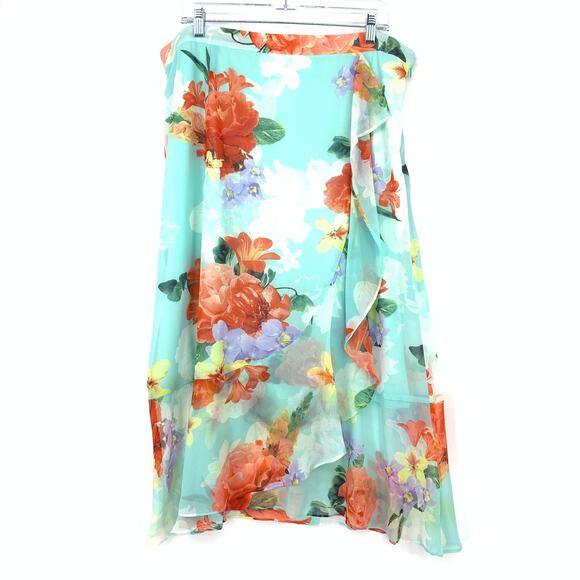 Calvin Klein Midi Skirt Womens Size 16 Ruffle Front Blue Floral Print NEW - Picture 1 of 7